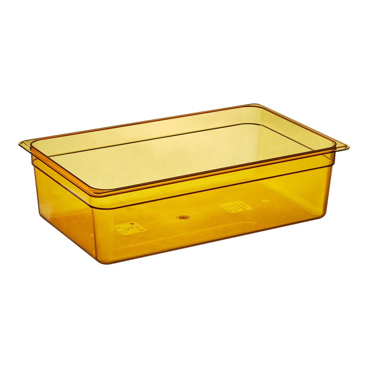 Cambro 16HP150 full size amber high heat plastic food pan, 6 inches deep, isolated on white background