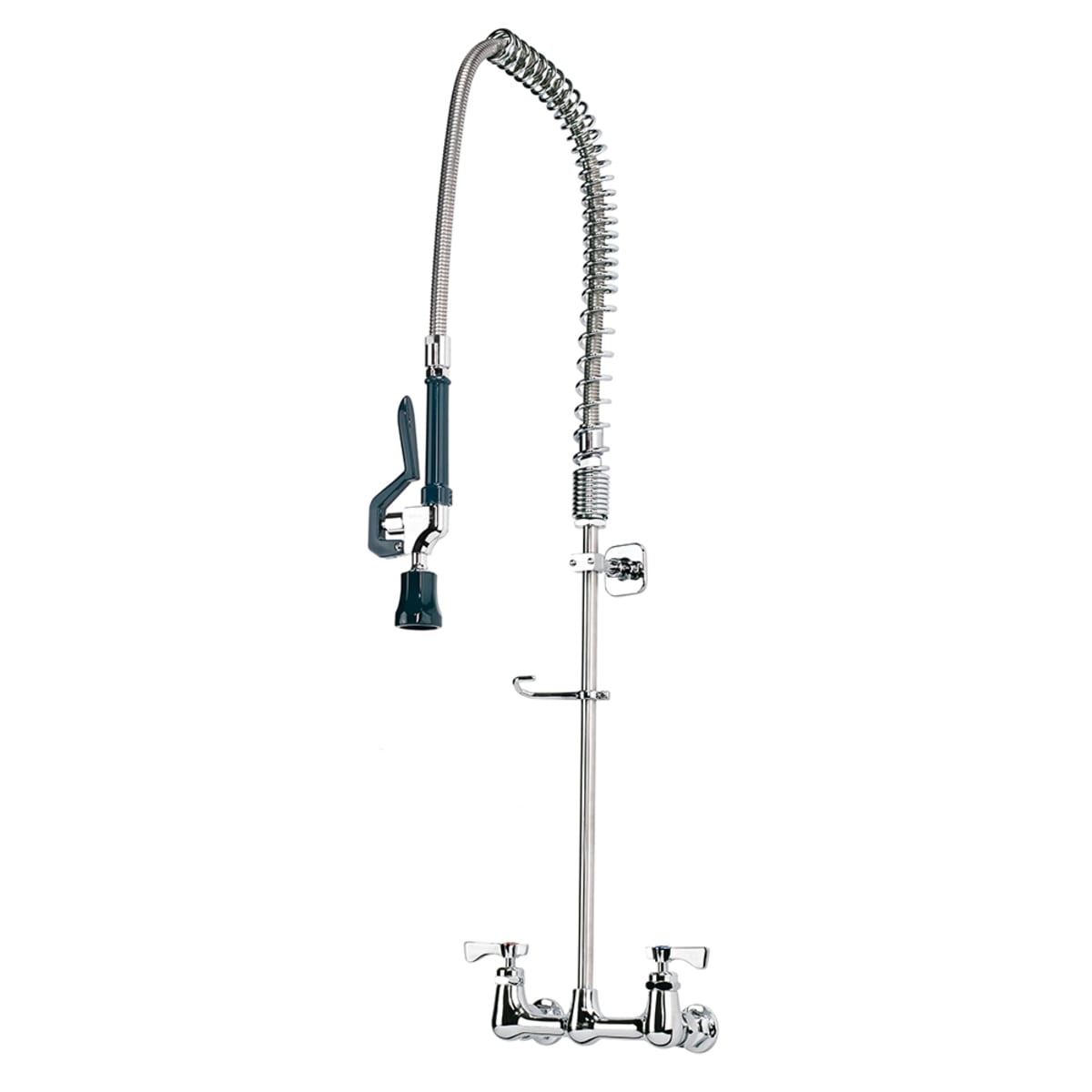 Krowne 17-108WL Royal Series wall mount pre-rinse faucet with chrome riser, coiled spring hose, and knife-style spray head on white background