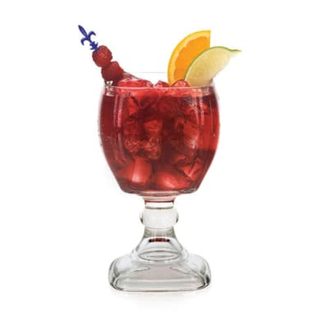 Libbey Suprema Schooner filled with a red sangria cocktail garnished with fruit and a pick