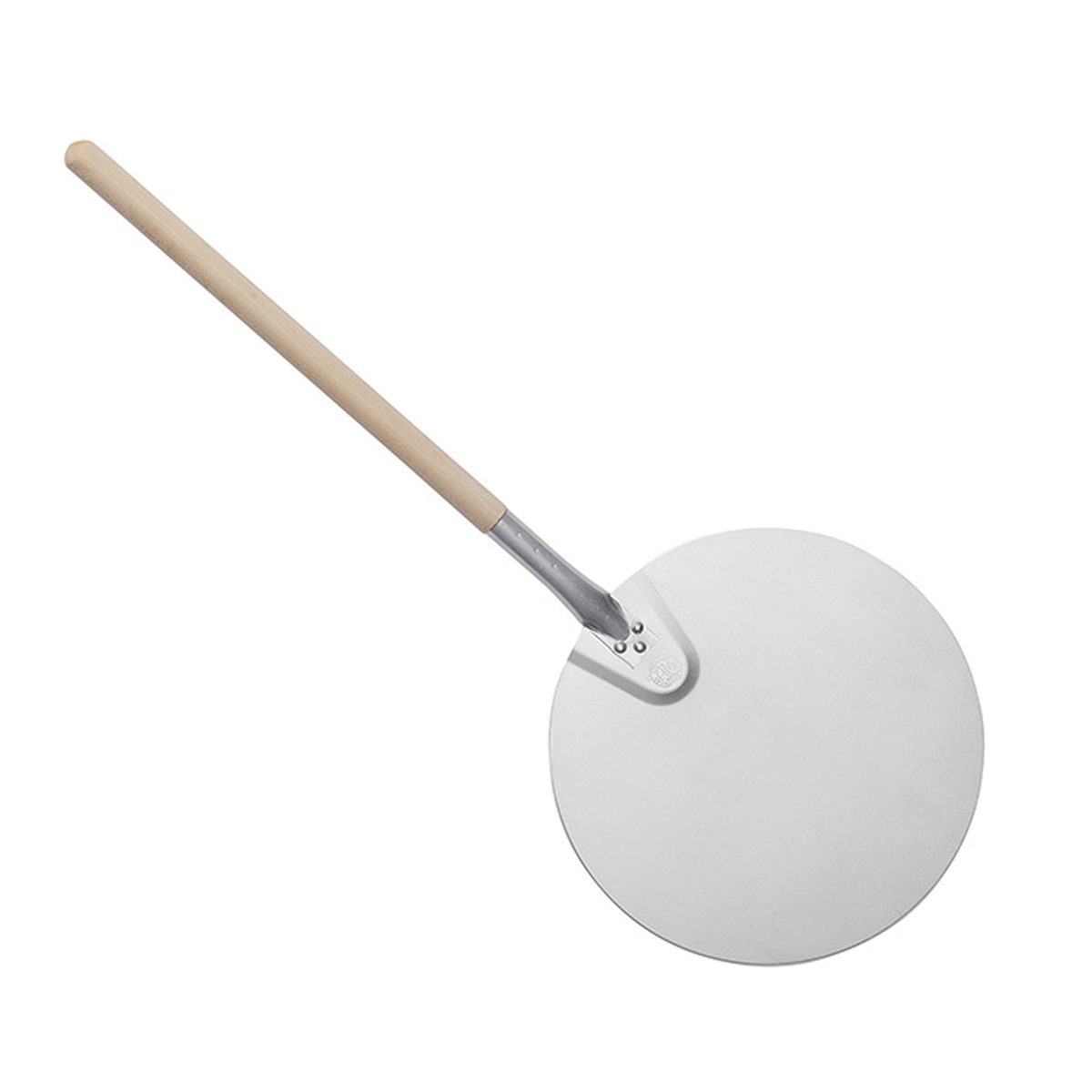 American Metalcraft 17135 round aluminum pizza peel with wood handle on white background