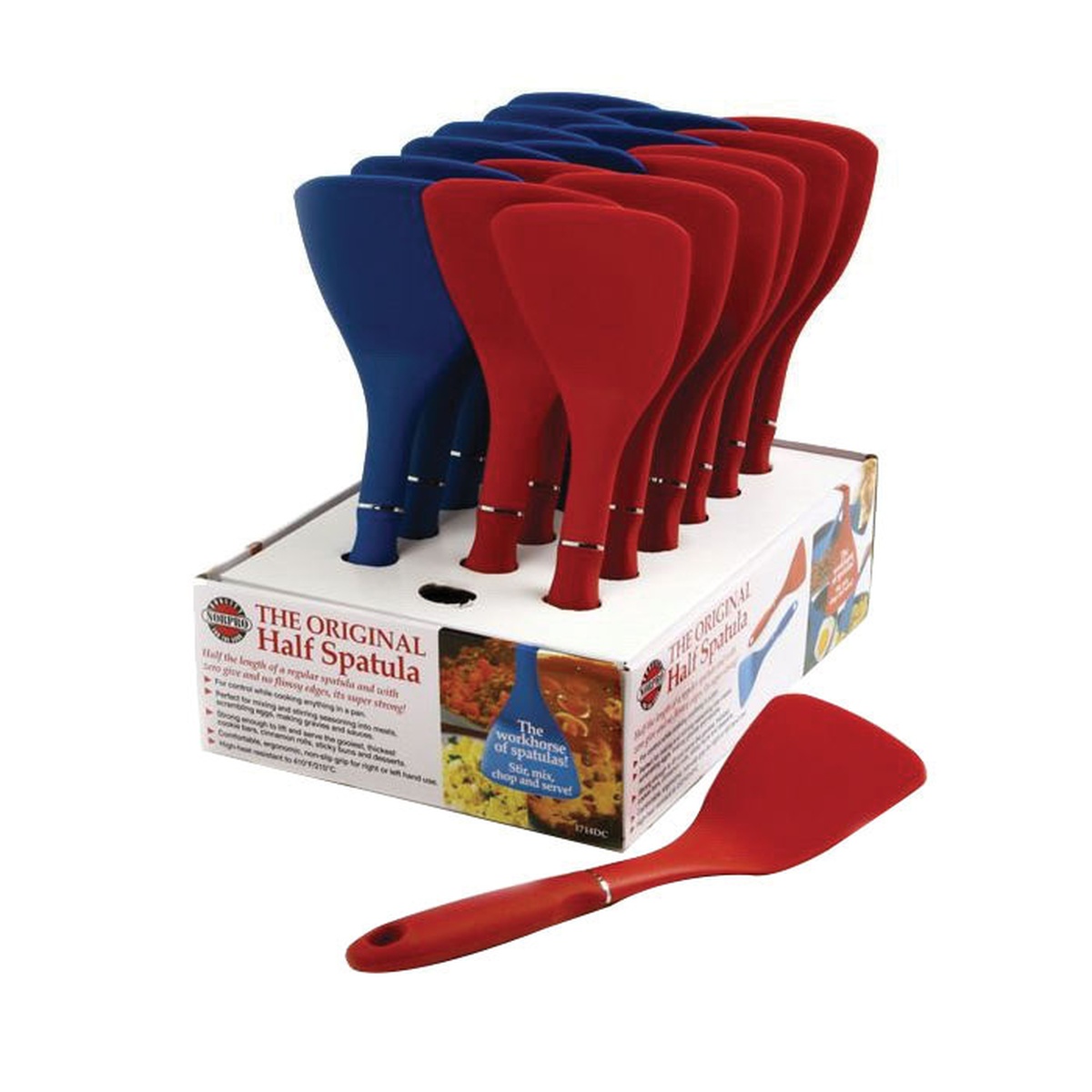 Norpro Original Half Spatula counter display box with red and blue spatulas
