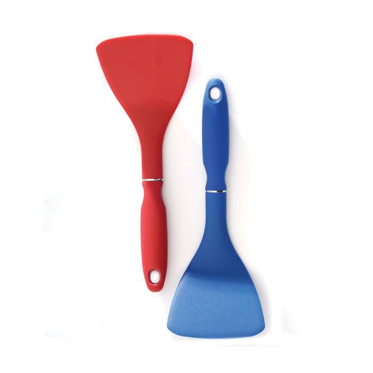 Norpro Original Half Spatula in red and blue shown side by side on white background