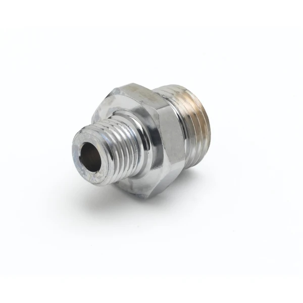 T&S Brass 172A chrome-plated brass adapter showing 1/4-inch NPT male and 3/4-14 UN male threaded ends