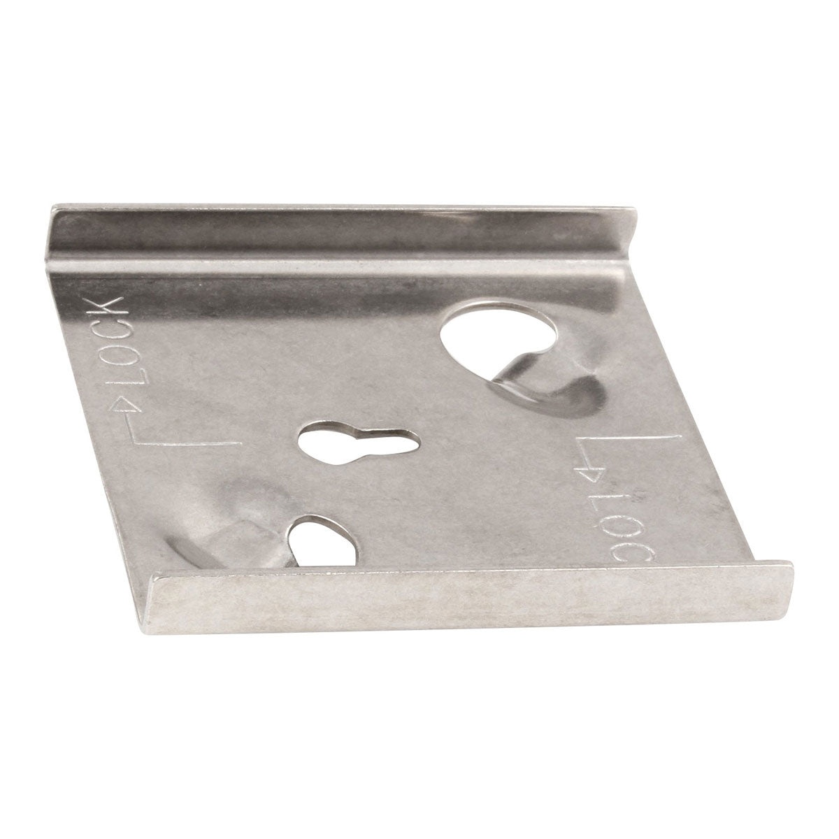 Crathco 1734 stainless steel lockdown washer with keyhole and circular mounting holes, viewed at an angle