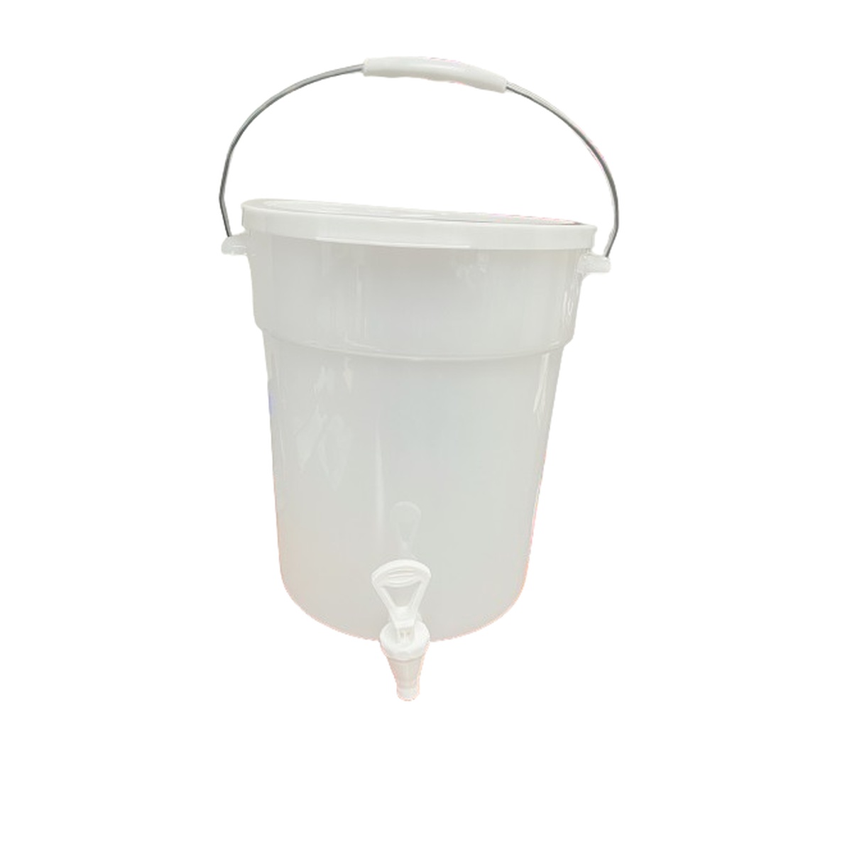 6-gallon white round plastic beverage dispenser with wire handle, tight-fitting lid, and push-press spigot