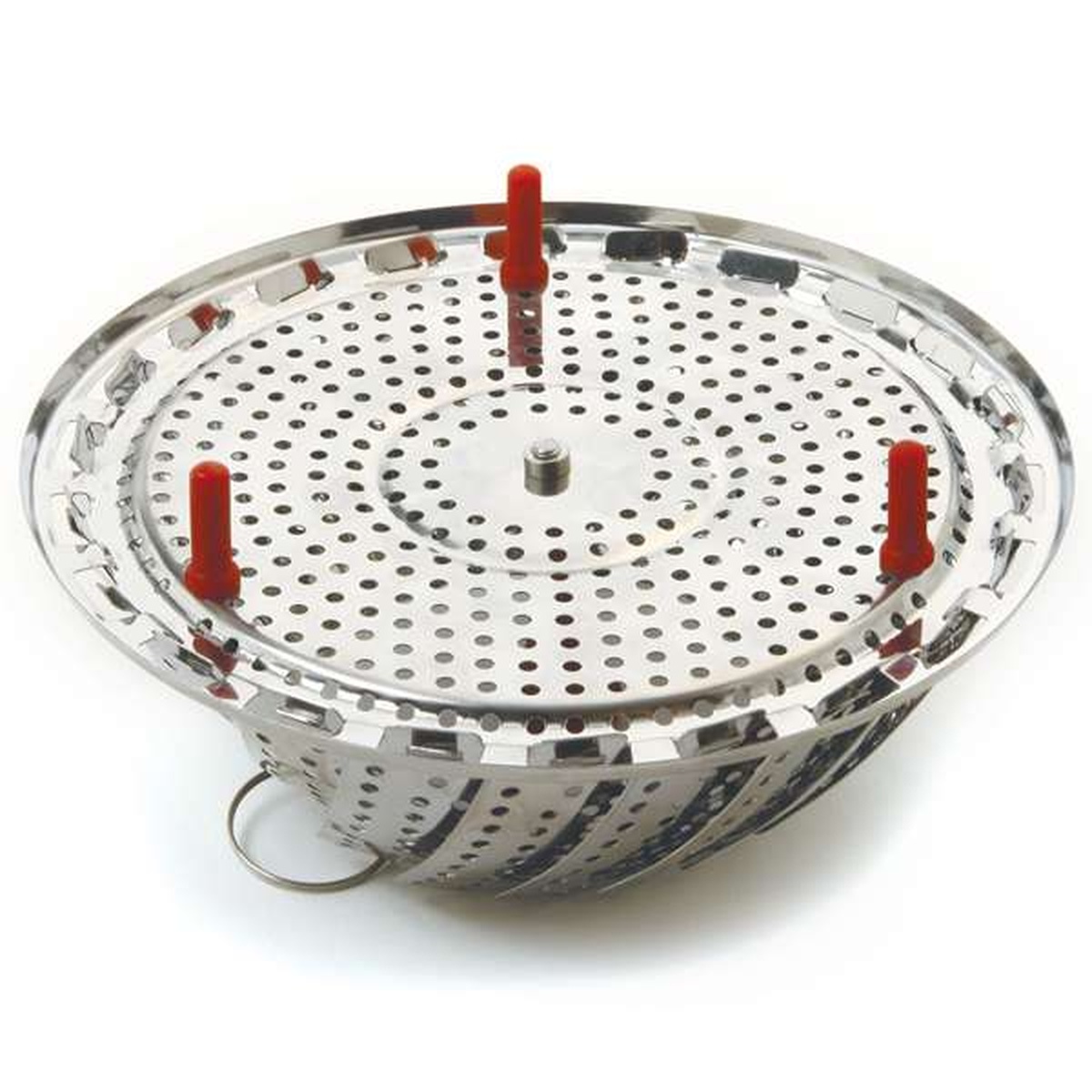 Norpro 177 steamer viewed from below showing silicone-coated three-prong protective base feet and center post base detail