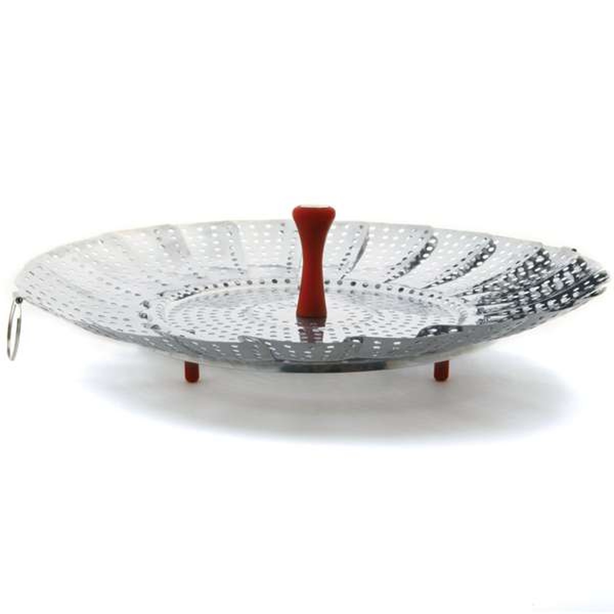 Norpro 177 steamer expanded flat open position with red silicone detachable center post and side handle loop visible