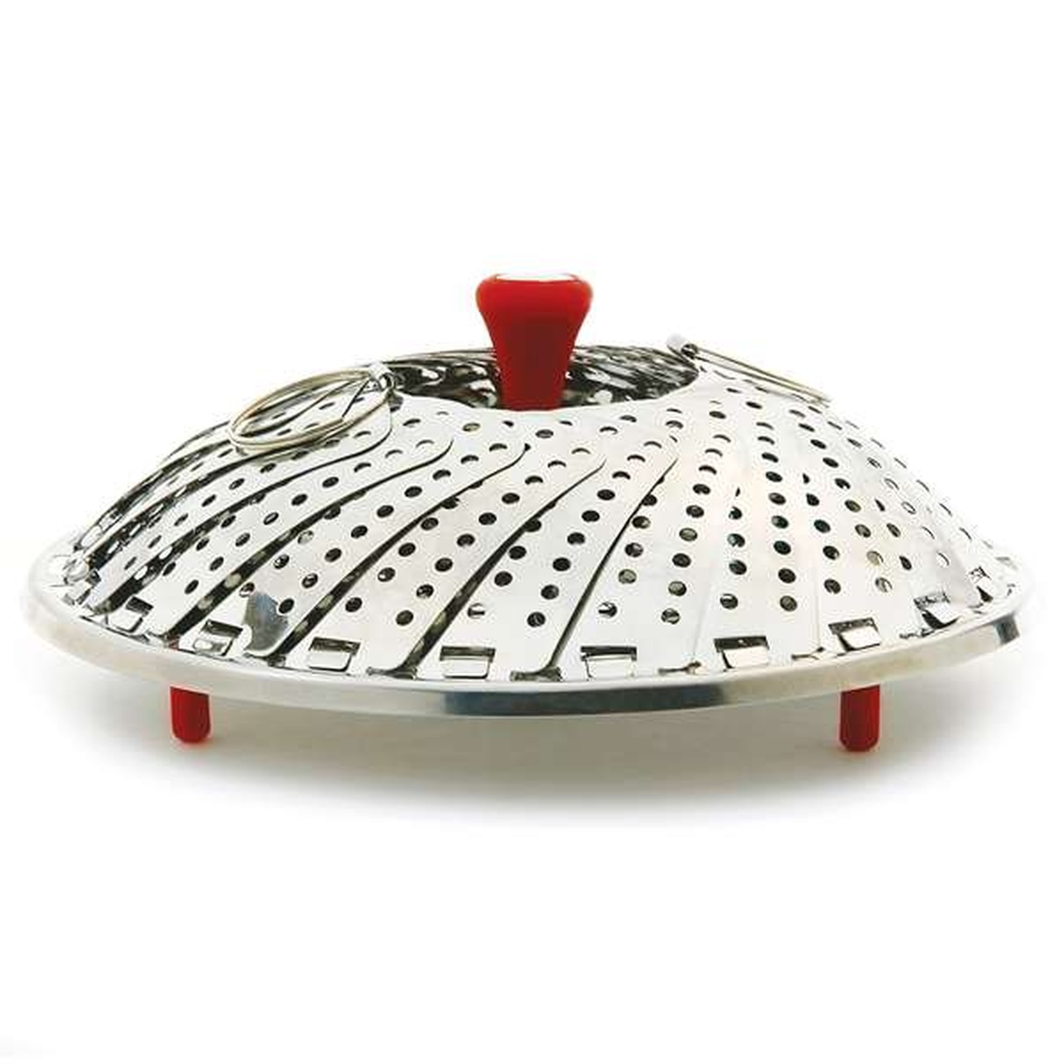 Norpro 177 large vegetable steamer shown folded in compact closed position with red silicone center post and base feet