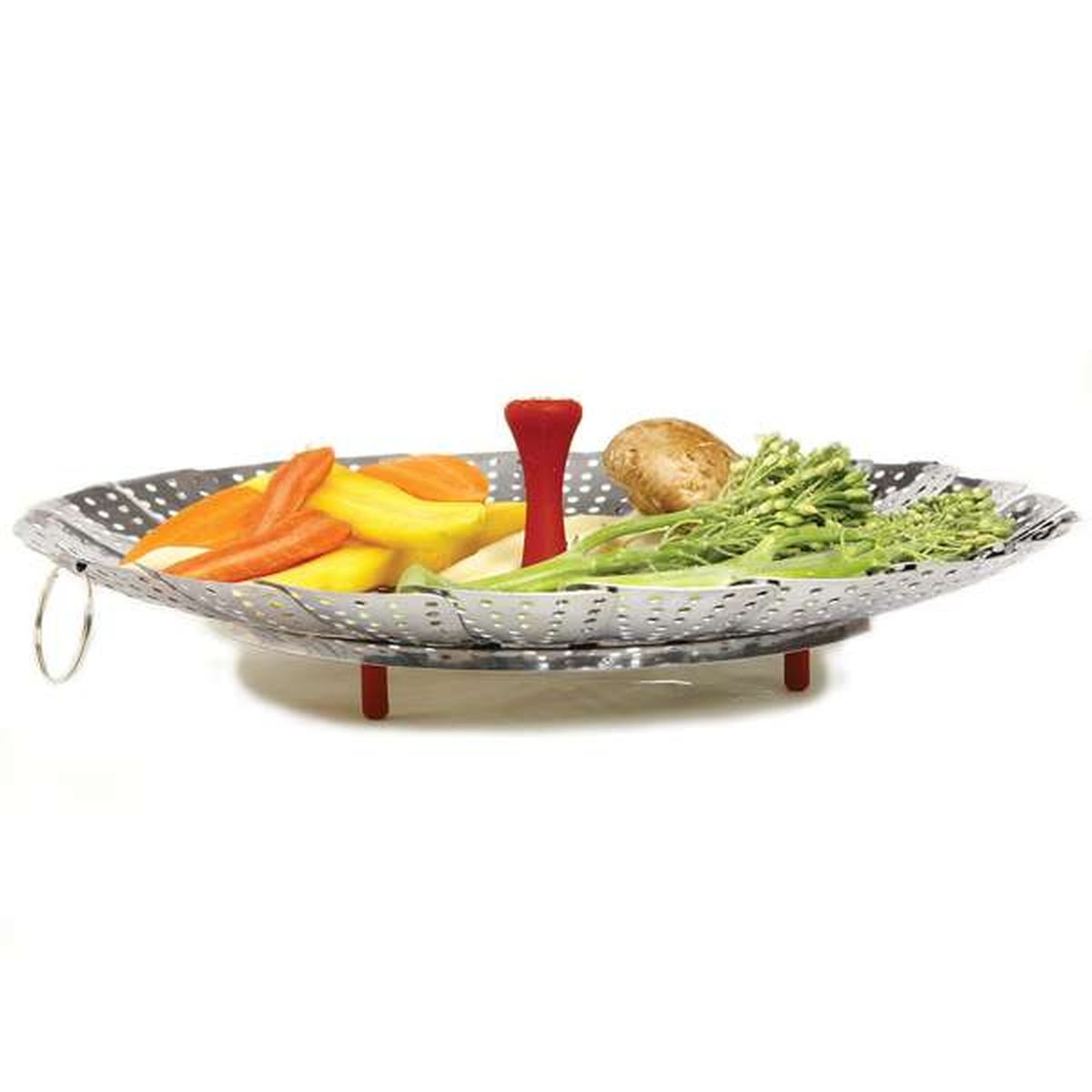 Norpro 177 steamer expanded and loaded with fresh vegetables including carrots, broccoli, and potato with red center post in place