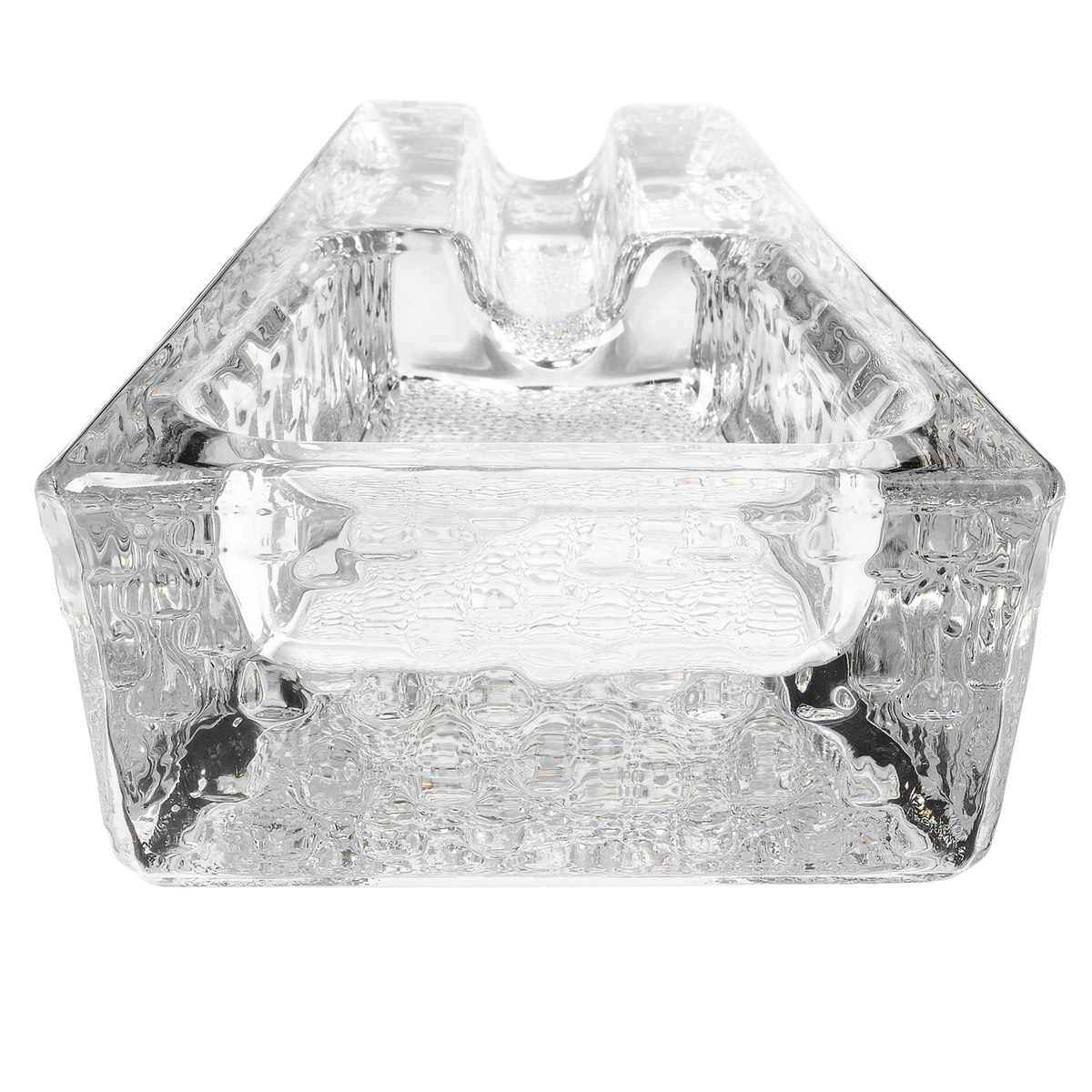 Front-facing view of Libbey glass cigar ashtray highlighting the wide cigar resting notch at the top edge