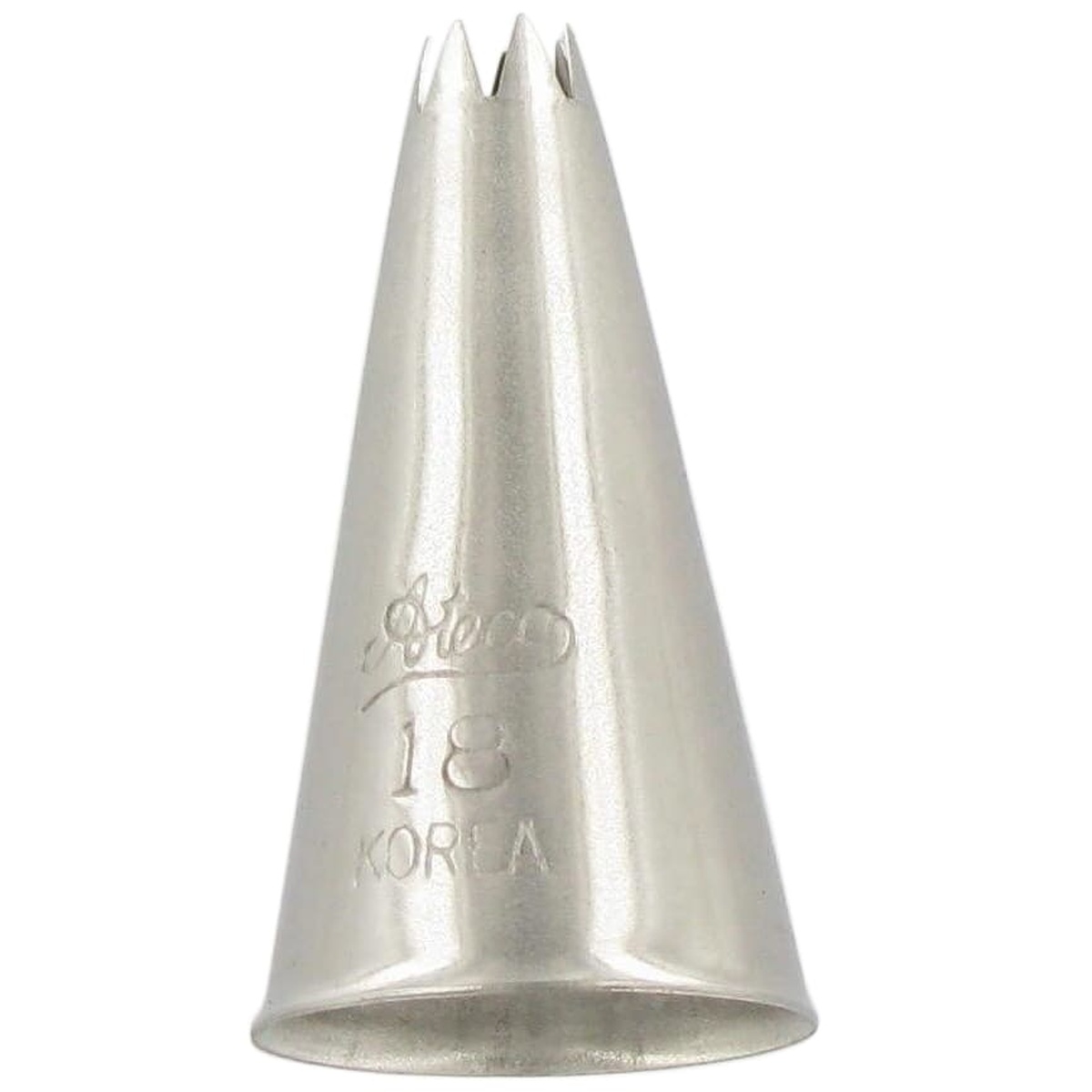 Ateco #18 open star decorating pastry tip, nickel-plated brass, showing finely cut star opening