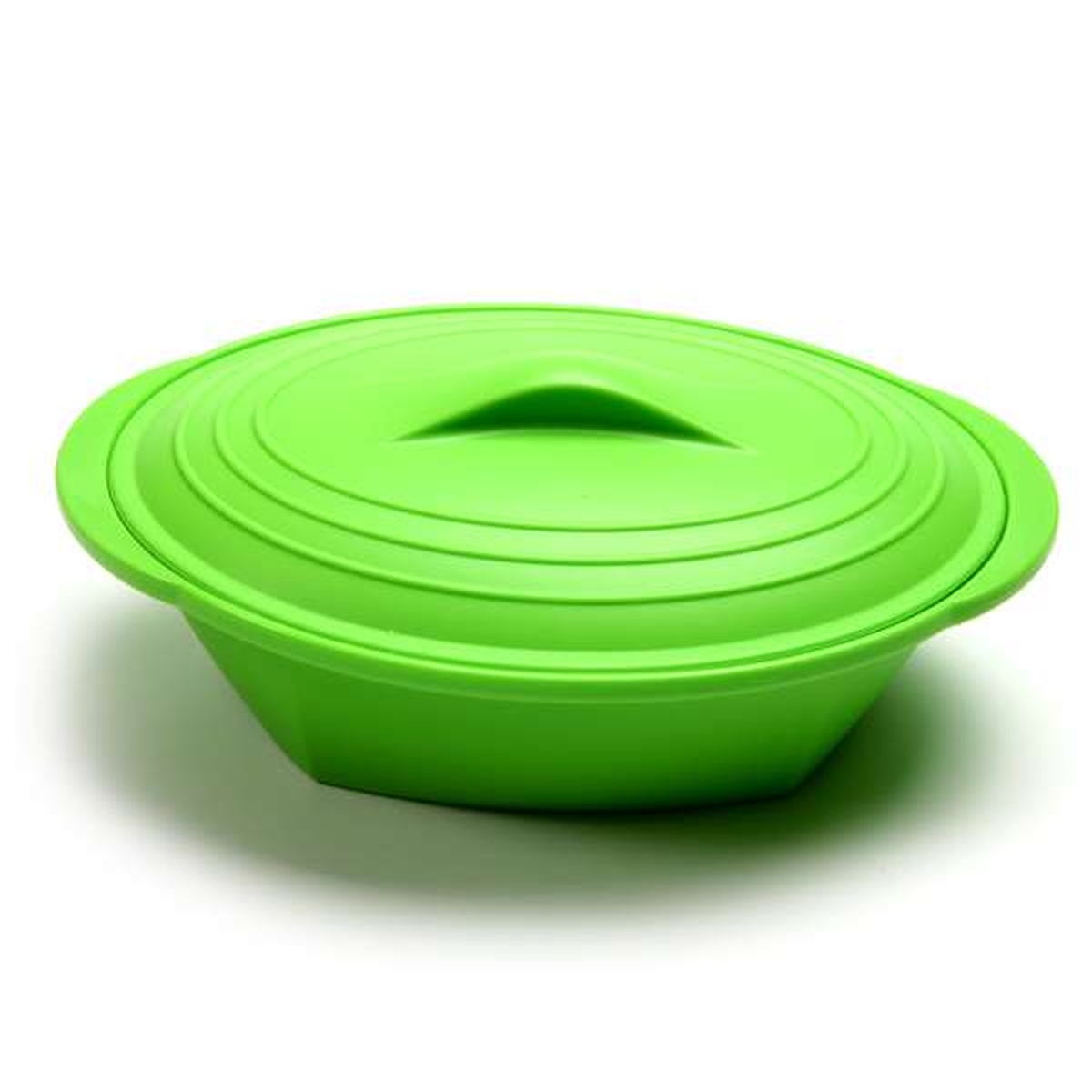 Norpro silicone steamer with lid closed, green, on white background