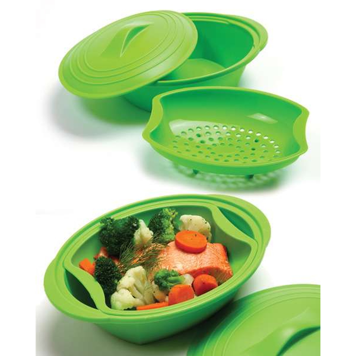 Norpro silicone steamer components shown separately: base bowl, perforated insert, and lid