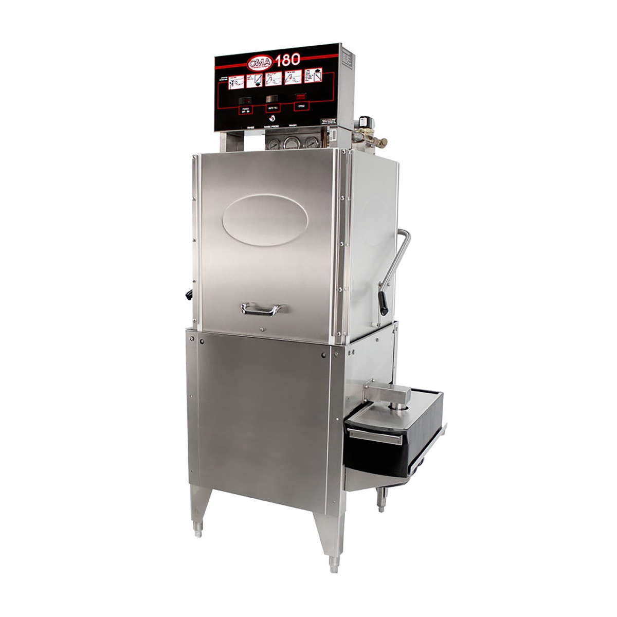 Angled view of the CMA Dishmachines 180-S dishwasher showing the external scrap drawer assembly