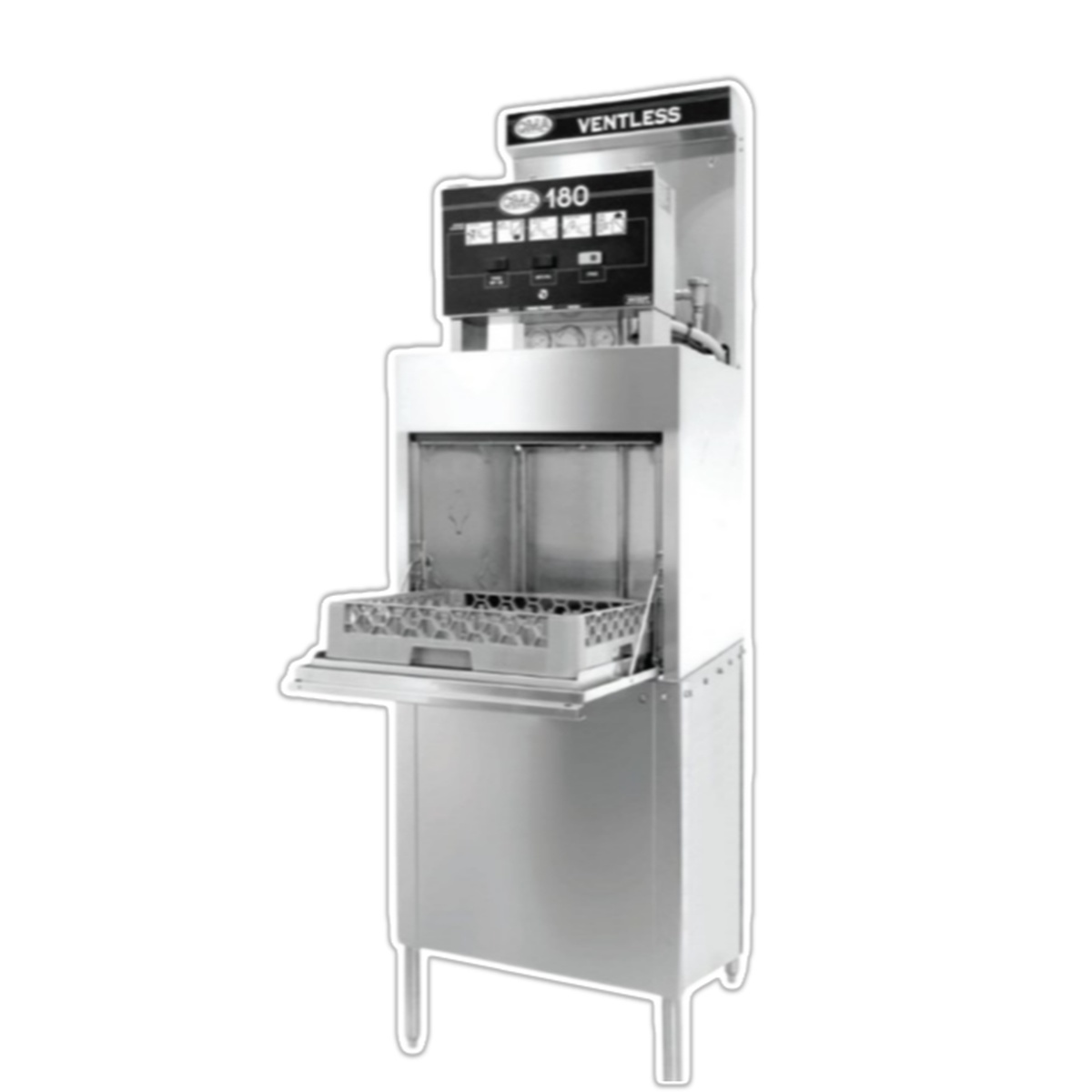 CMA 180 series ventless commercial dishwasher shown with open door and rack