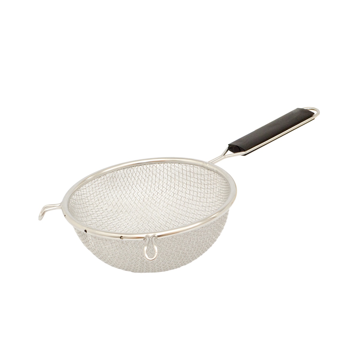 Browne Foodservice 18096 Fine Double Mesh Strainer with black plastic handle, full view