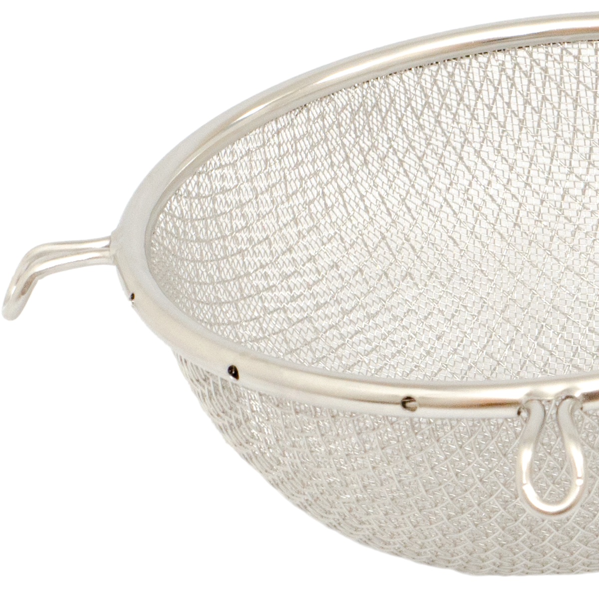 Close-up of Browne Foodservice 18096 double fine mesh bowl showing stainless steel mesh layers and wire rim drainage hook