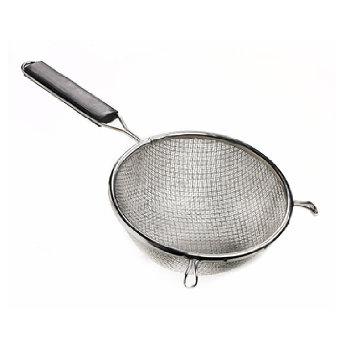 Browne USA Foodservice 18198 8-inch double medium mesh strainer with black plastic handle and wire rim drainage hook