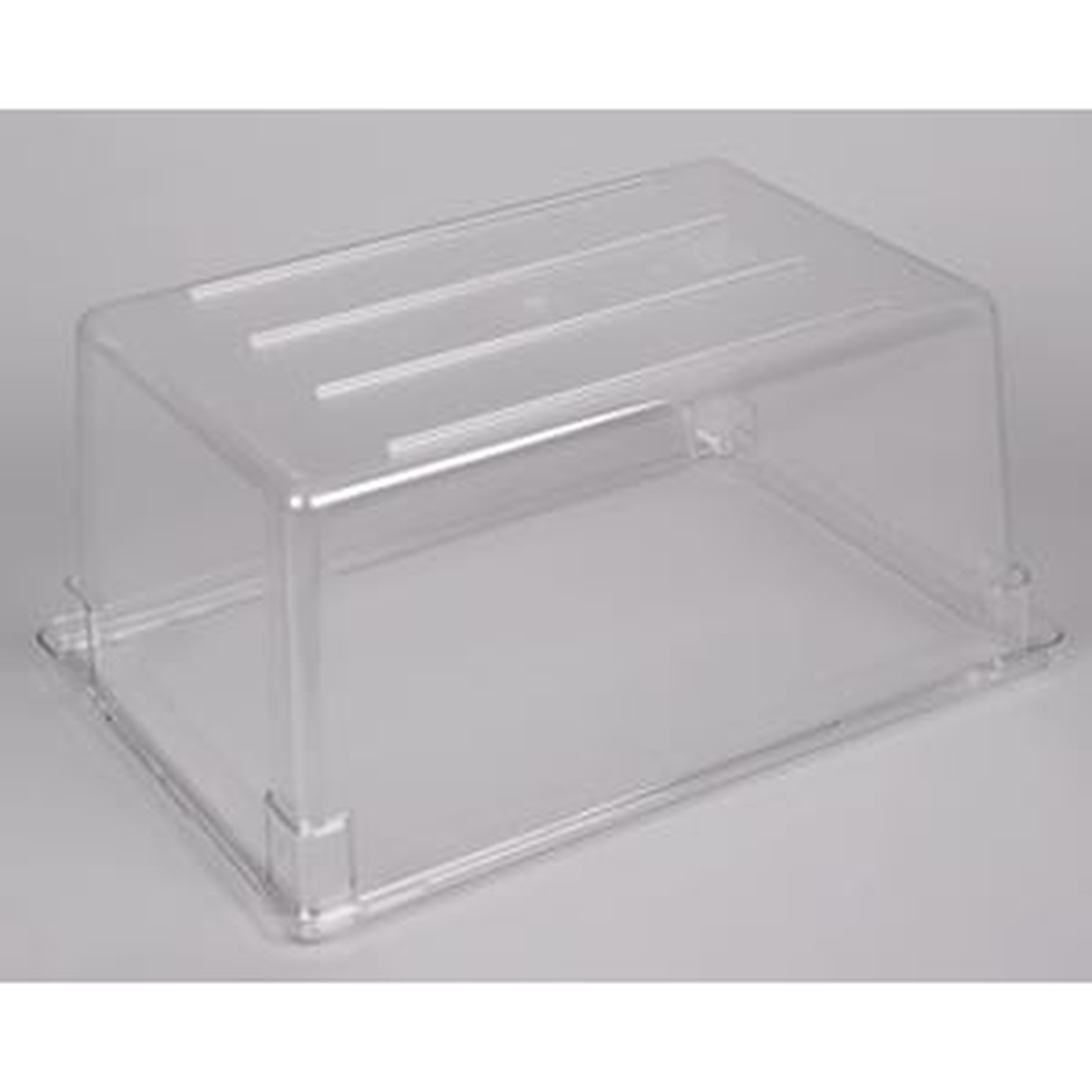 Compatible clear polycarbonate lid for Cambro food storage box shown on gray background