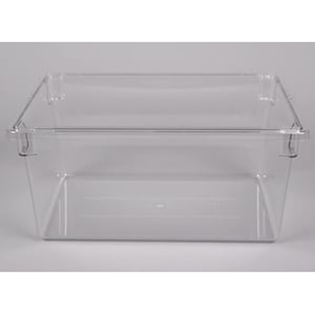 Front view of Cambro clear polycarbonate food storage box showing molded handles and textured base