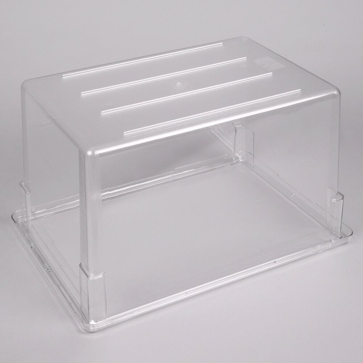 Cambro food storage box with clear polycarbonate cover/lid placed on top, stacked configuration