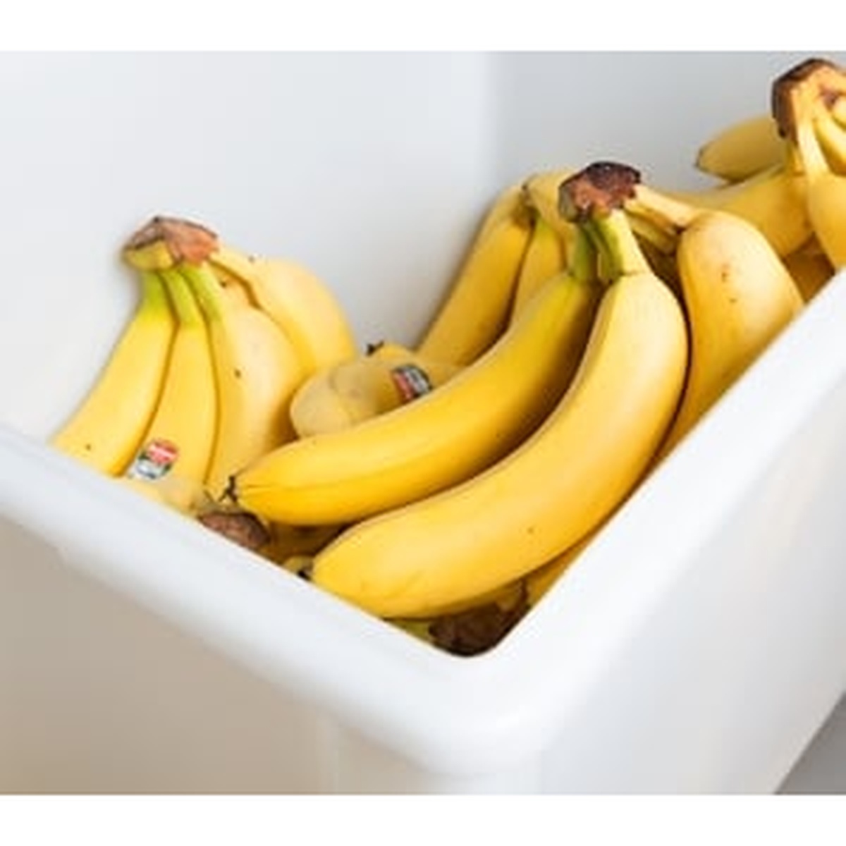 Close-up of bananas stored inside a white Cambro polyethylene food storage box