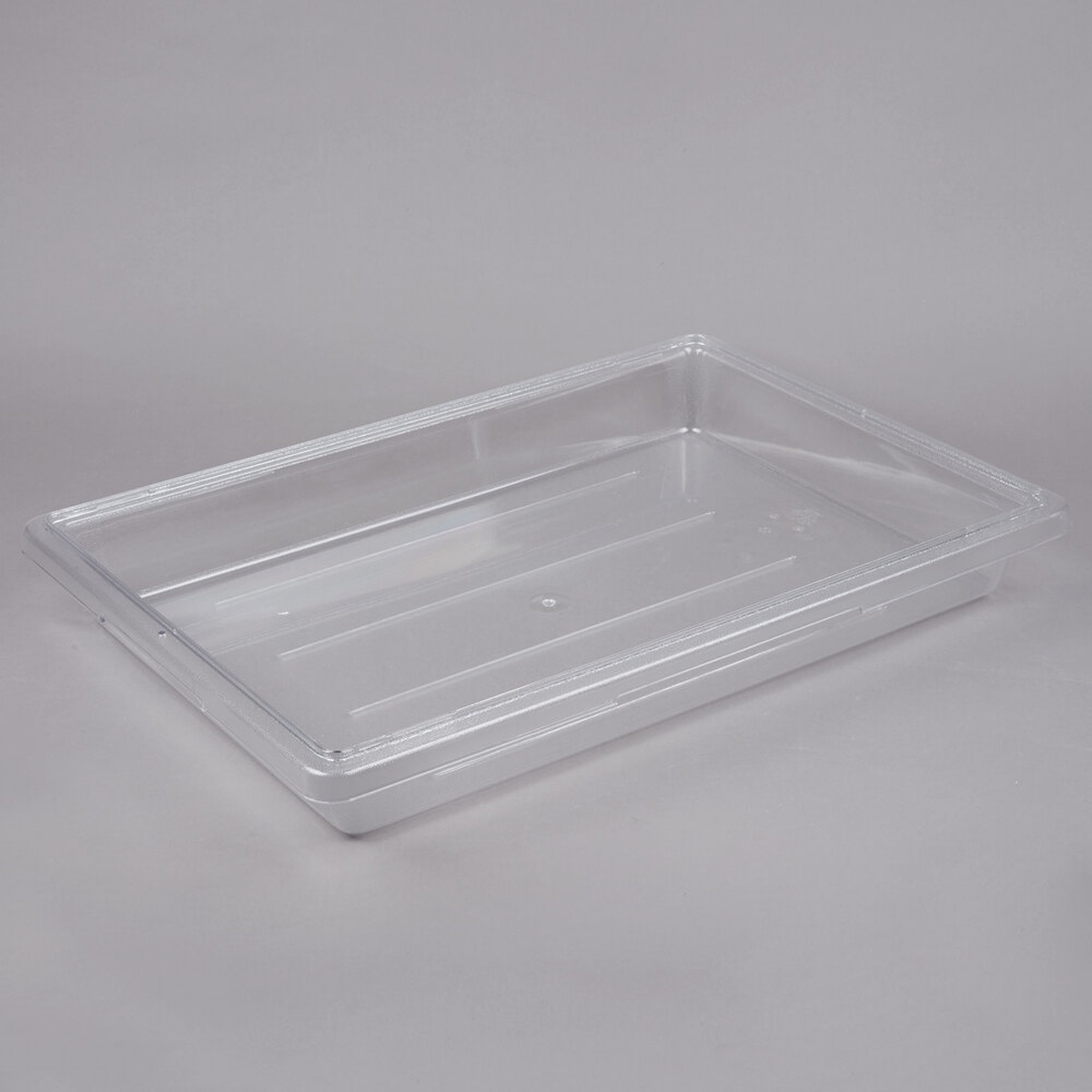Cambro 18263CW135 clear polycarbonate food storage box, angled view showing molded handles and textured bottom