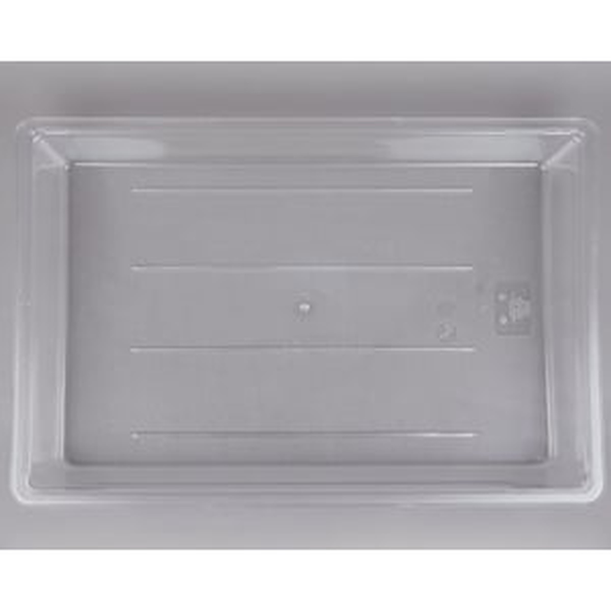 Top-down view of Cambro 18263CW135 clear polycarbonate food storage box showing smooth interior and textured base