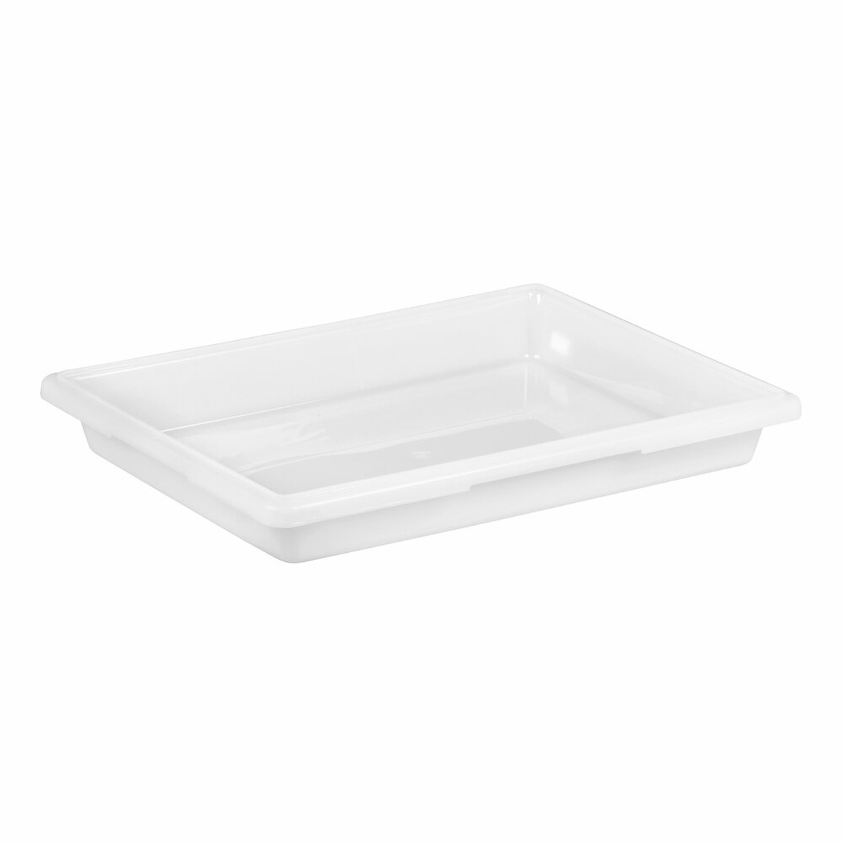 Cambro 18263P148 white polyethylene food storage box, angled view showing molded-in handles and shallow profile