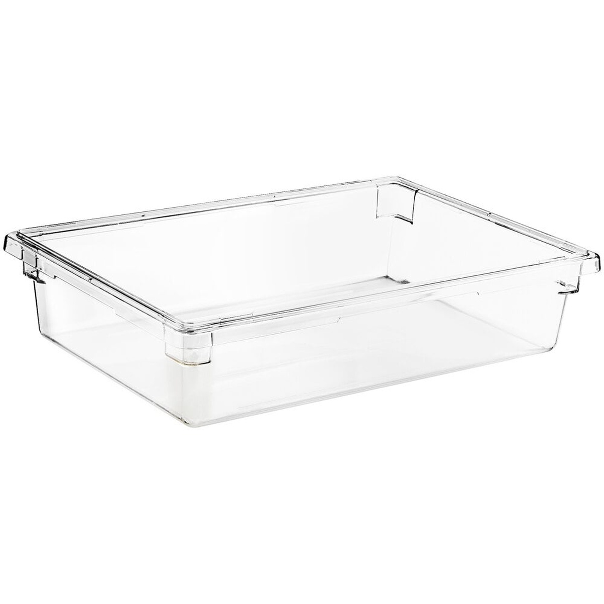 Cambro 18266CW135 clear polycarbonate food storage box angled view showing molded handles and deep interior