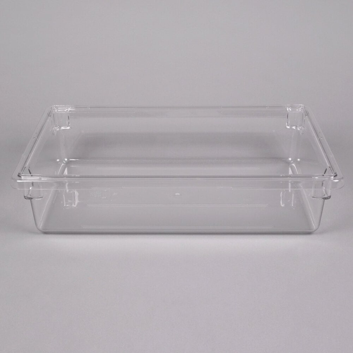 Cambro 18266CW135 clear polycarbonate food storage box straight-on front view on gray background