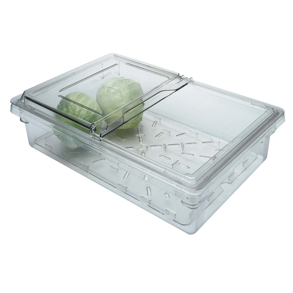Clear food storage box shown with hinged cover open