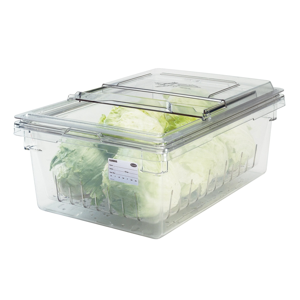 Clear polycarbonate food storage box filled with produce
