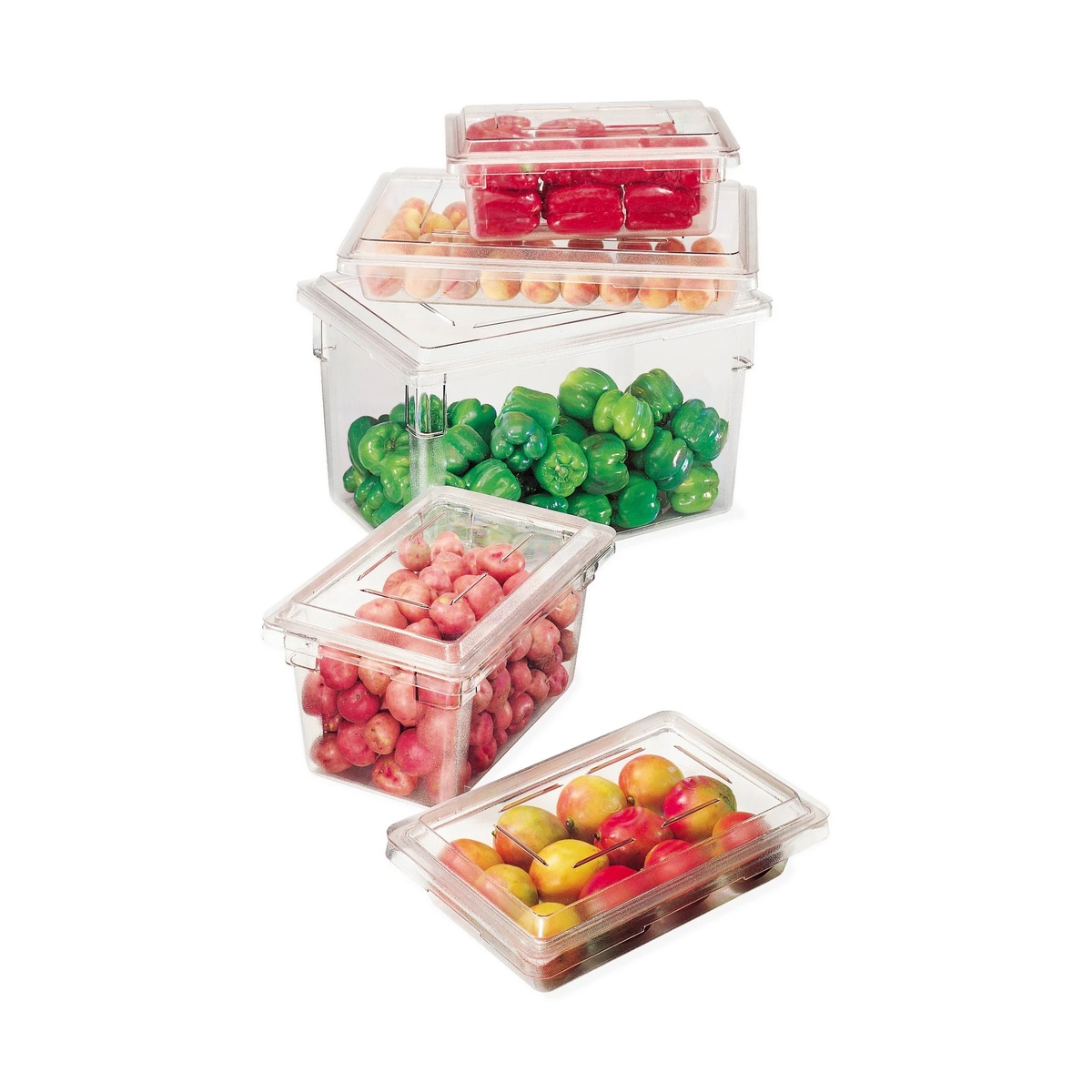 Multiple clear Camwear food boxes stacked with food inside