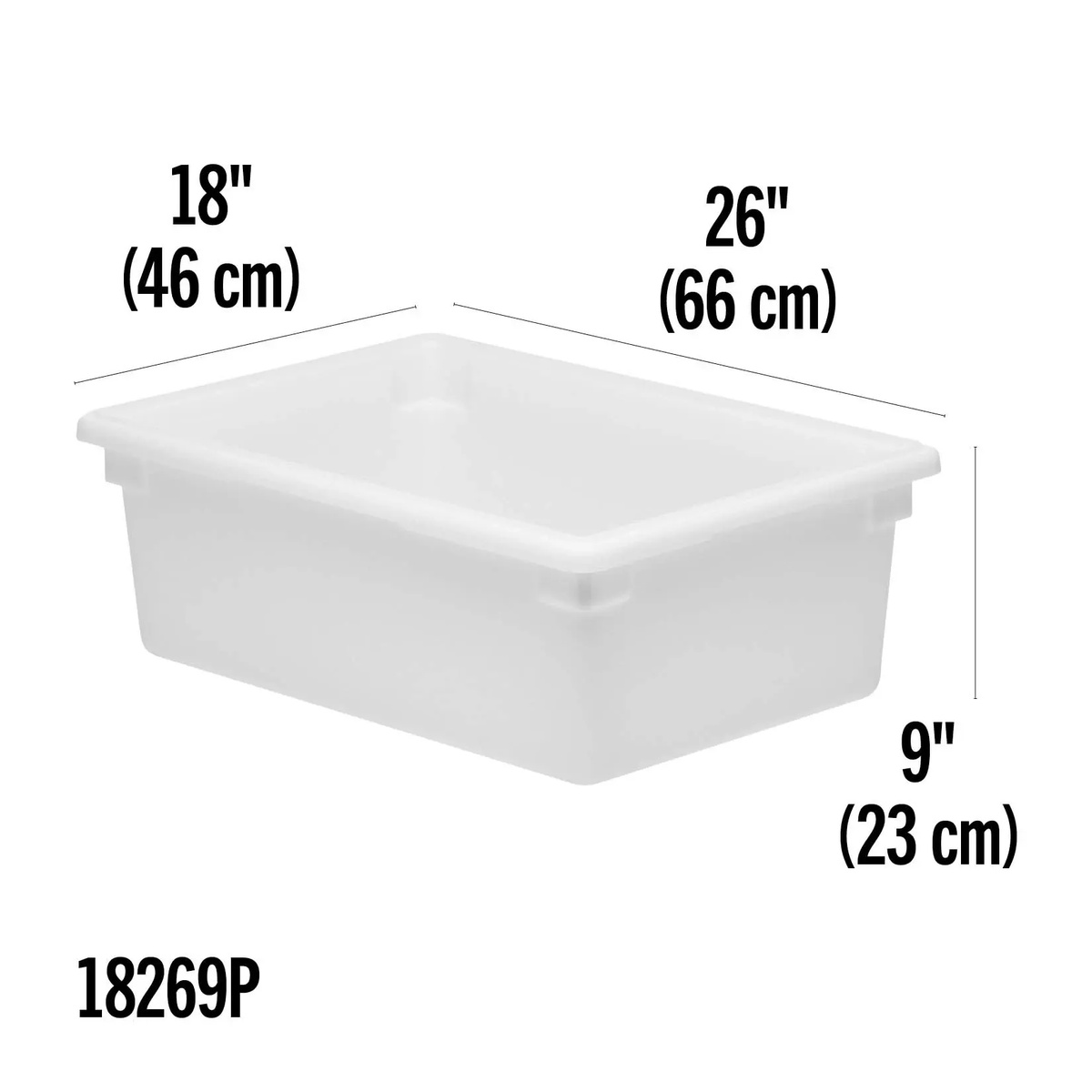 Dimension diagram for Cambro 18269P food storage box showing 18 inches width, 26 inches length, and 9 inches depth