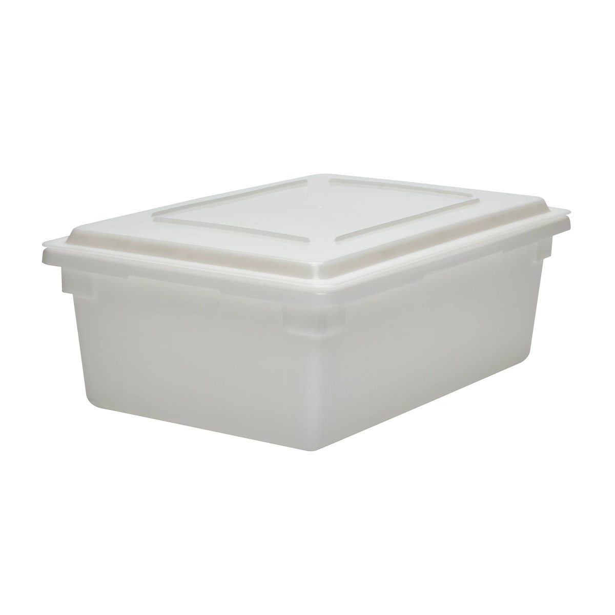 Cambro 18269P148 white poly food storage box shown with matching flat lid in place