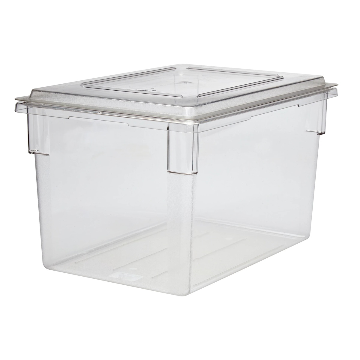Cambro clear flat lid seated on a full-size clear polycarbonate food storage box, shown on white background