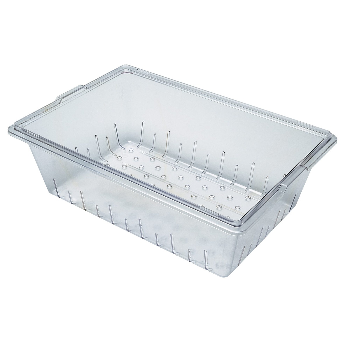 Cambro 1826CLRCW135 clear polycarbonate food box colander shown inside a full-size food storage box on a white background