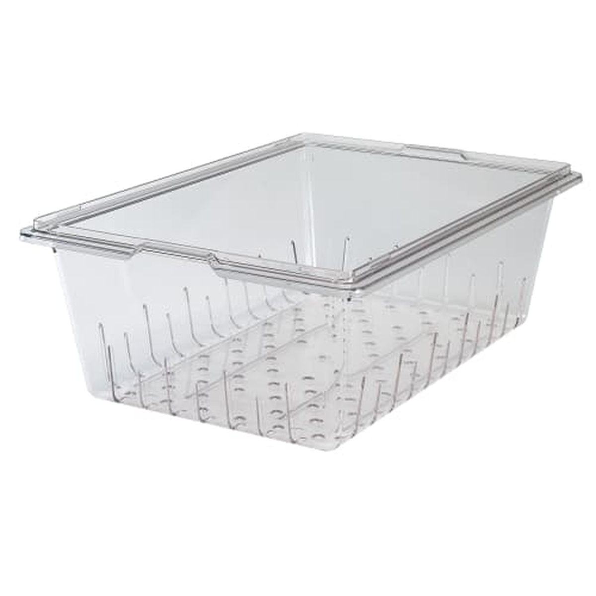 Cambro Camwear food box colander clear polycarbonate showing perforated base and slotted sides on white background