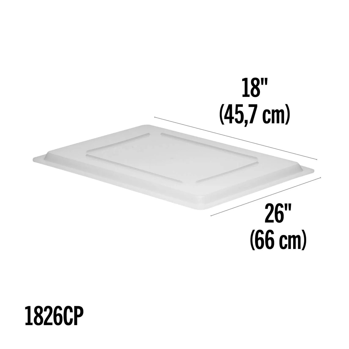 Cambro 1826CP white poly flat lid dimension diagram showing 18 inches by 26 inches