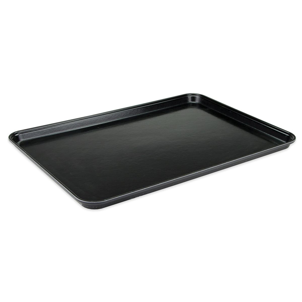 Cambro 1826MT110 black fiberglass market display tray, angled three-quarter view showing low-profile sides