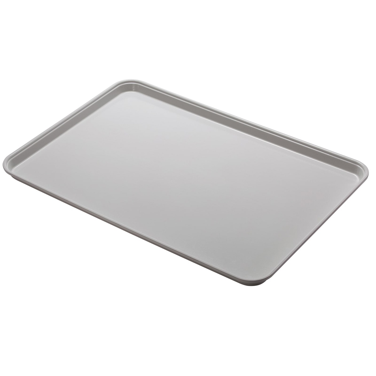 Cambro 1826MT148 white rectangular fiberglass display market tray with raised rim, angled view on white background