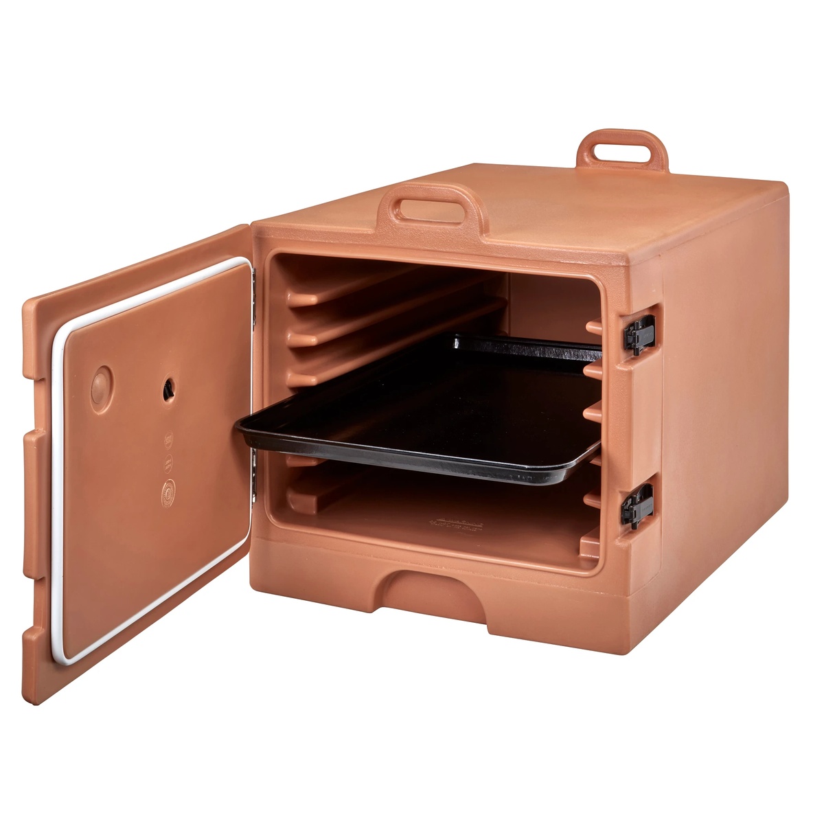 Cambro 1826MTC Camcarrier open front door showing sheet pans loaded on interior molded runners