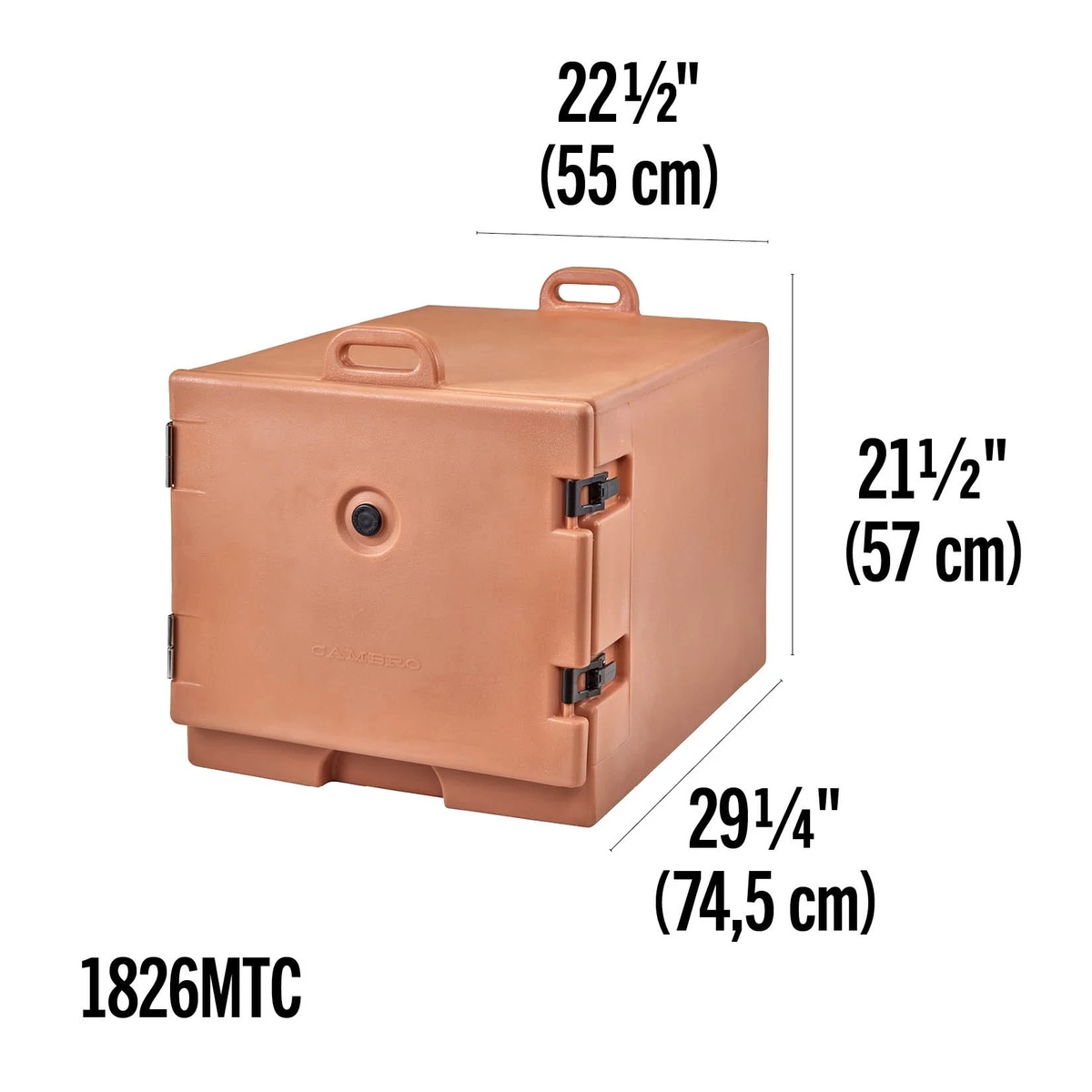 Cambro 1826MTC Camcarrier exterior dimension diagram showing 22.5 inch width, 21.5 inch height, and 29.25 inch depth