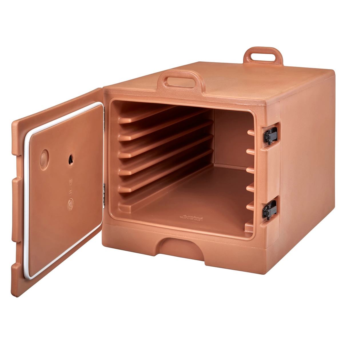 Cambro 1826MTC Camcarrier with door open showing empty interior cavity and molded pan slide runners