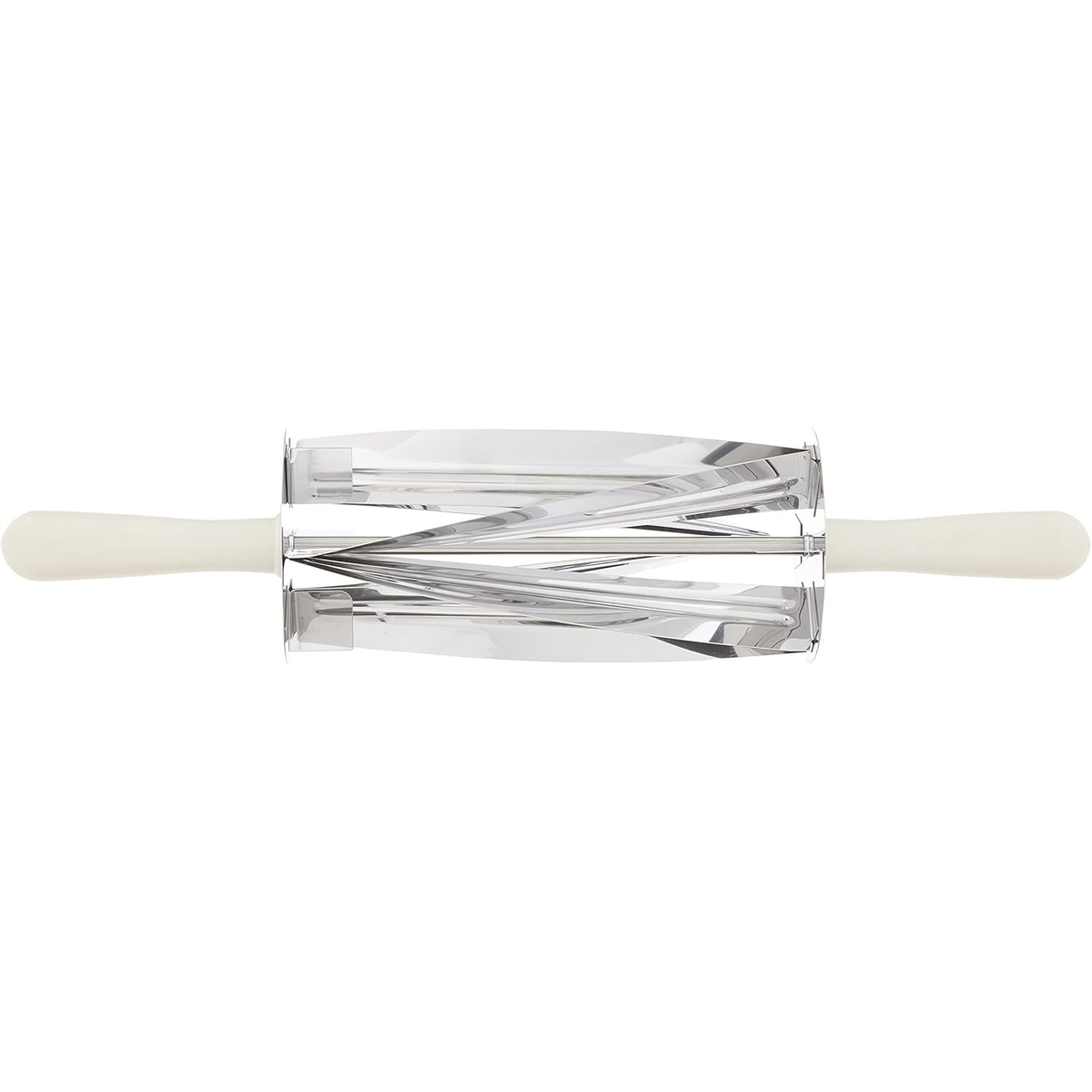 Ateco croissant roller cutter front-on view showing full stainless steel drum and dual handles