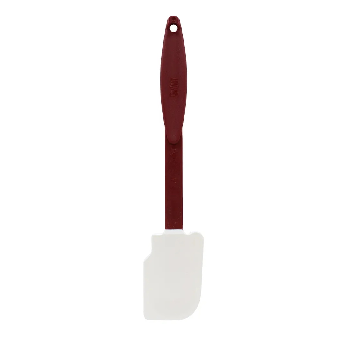 TableCraft 1863 14-inch high heat spatula with red nylon handle and white notched silicone blade on white background