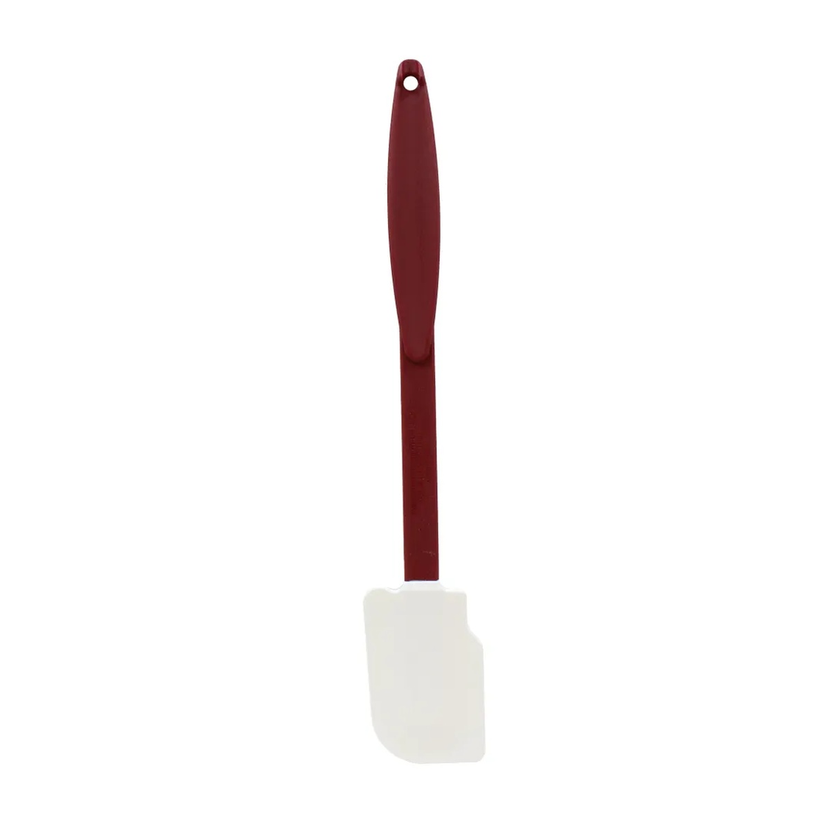 TableCraft 1864 high heat silicone spatula with red nylon handle and white notched silicone blade