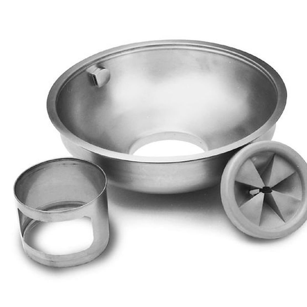 InSinkErator 18B Bowl Assembly showing 18-inch stainless steel bowl, sleeve guard, and removable splash baffle components