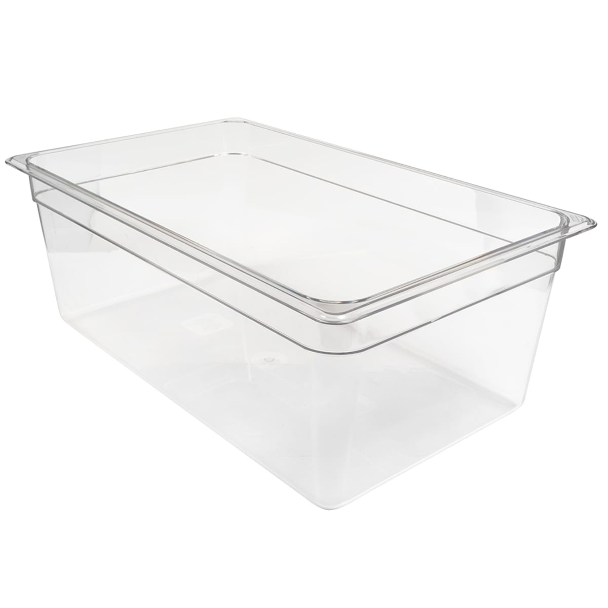 Cambro 18CW135 clear polycarbonate full-size food pan, angled three-quarter view showing depth and uniform flange